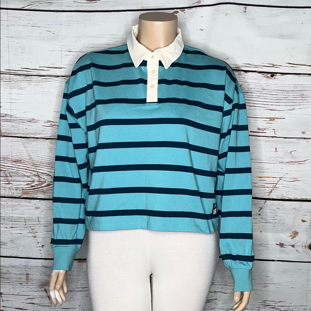 Champion NWT Size XXL Blue Stripe - Collar Loose Fit Cropped Rugby Tee Knit Top